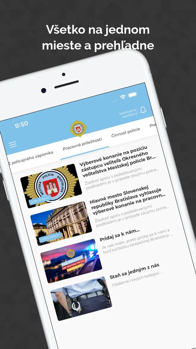 Oficiálny náhľad aplikácie Mestská polícia BA z App Store so správami a pracovnými príležitosťami.