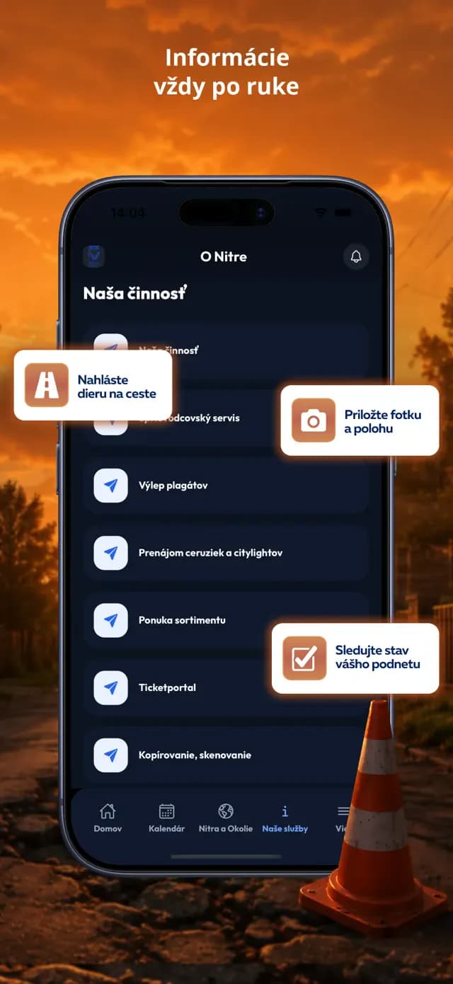 Oficiálny náhľad aplikácie O Nitre z App Store s mestskými službami a podnetmi obyvateľov.